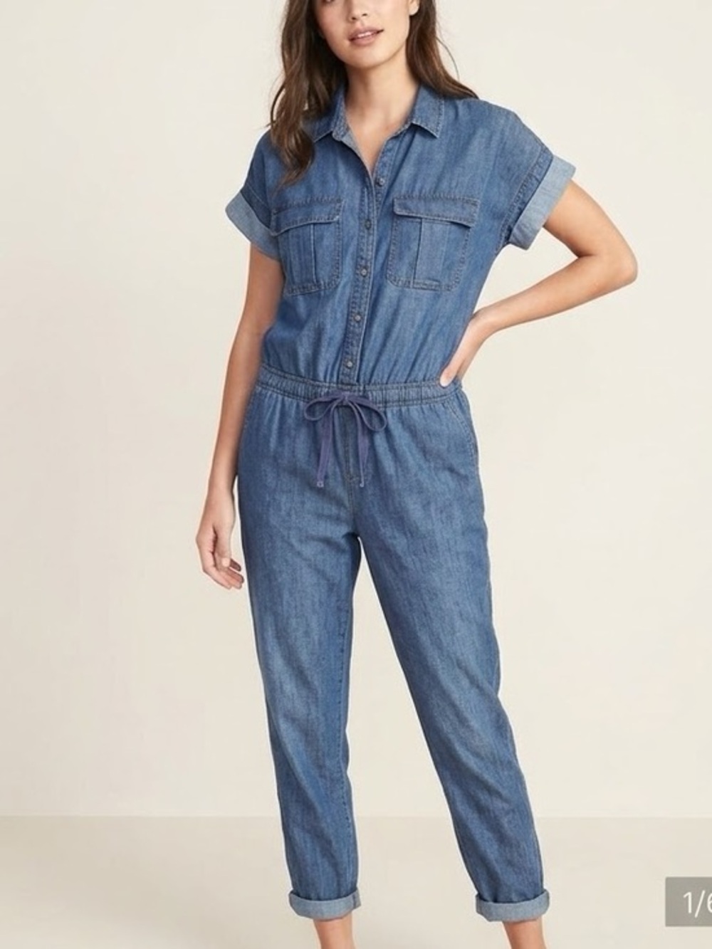 🇪🇸🐠Old Navy Denim Chambray Jumpsuit | Utility Drawstring Waist Short Sleeve XS